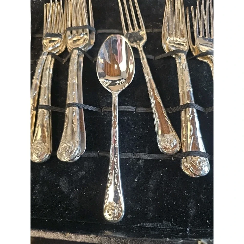 Vintage Davco Silver Plated Flatware Set Rose Floral Pattern 46 Piece with Case
